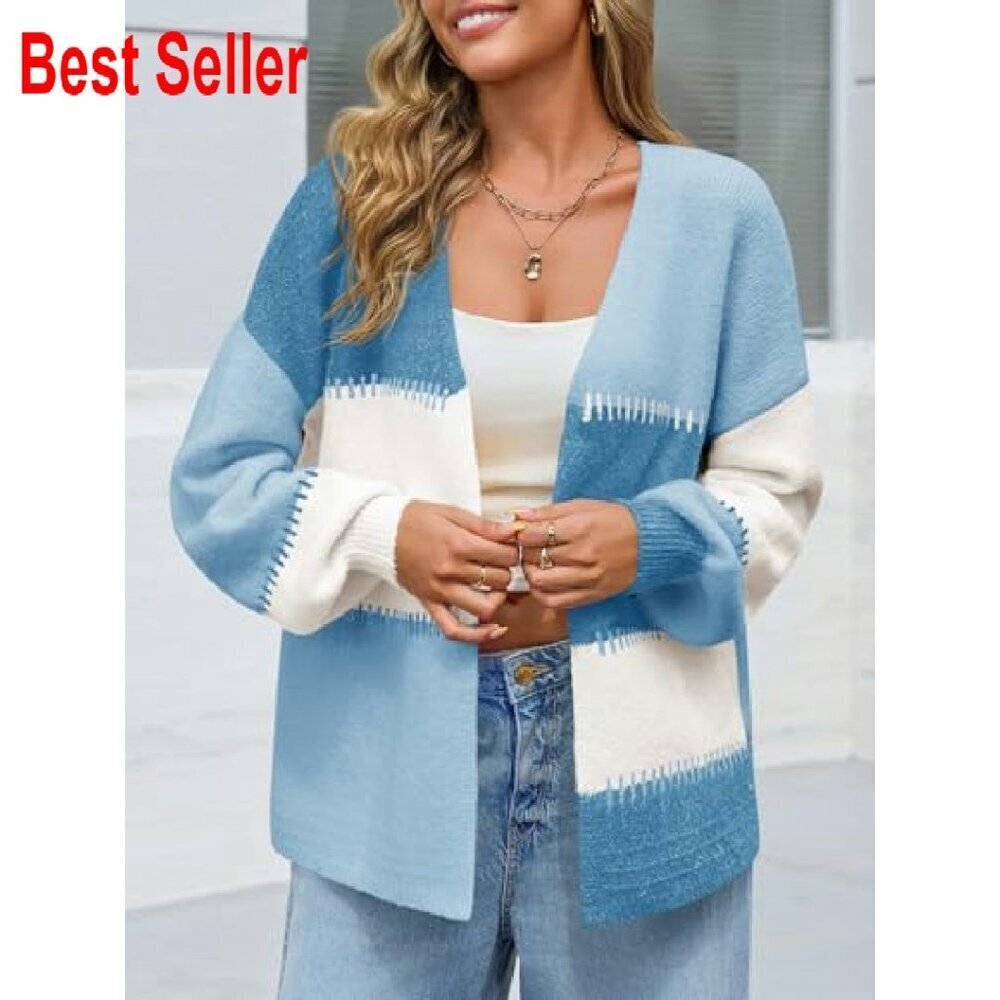 Chunky Knit Cardigan Open Front Puff Sleeve Color Block Fall Outerwear Chic - Picture 5 of 8